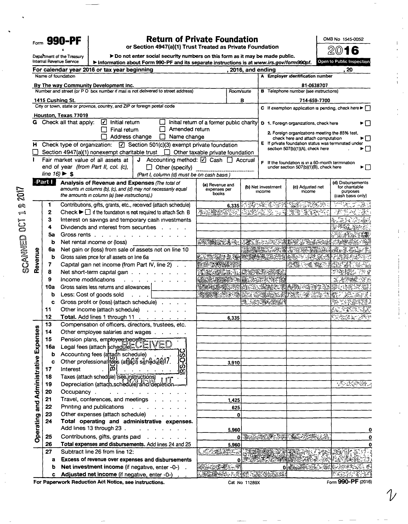 Image of first page of 2016 Form 990PF for By the Way Community Development Corporation