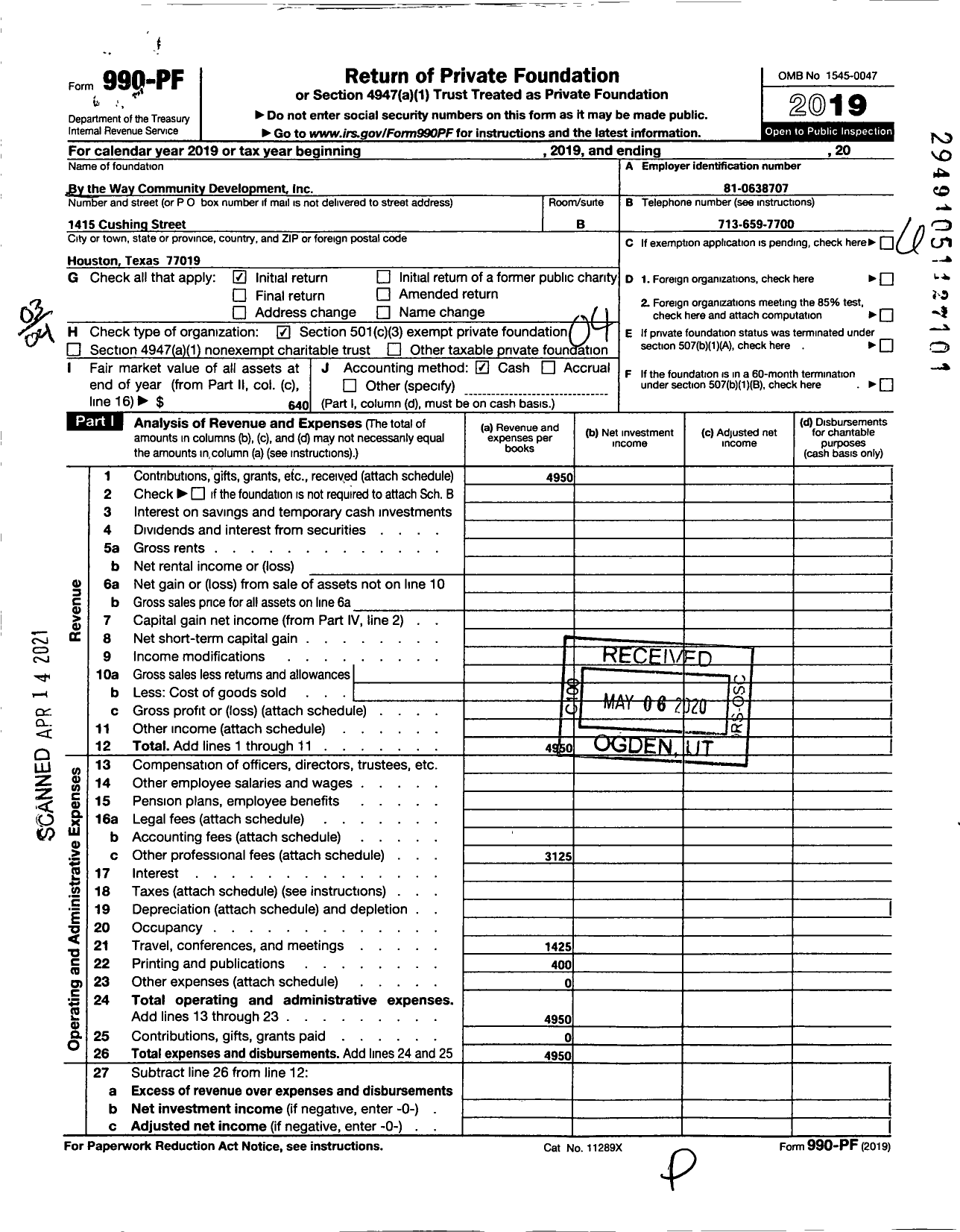 Image of first page of 2019 Form 990PF for By the Way Community Development Corporation