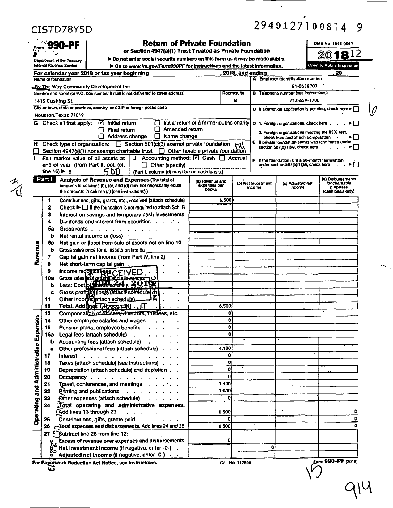 Image of first page of 2018 Form 990PF for By the Way Community Development Corporation