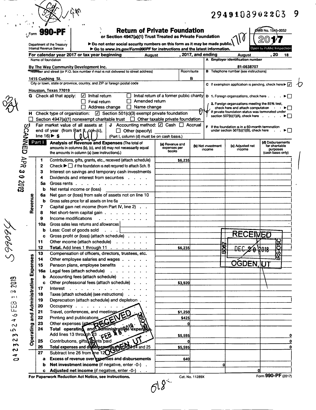 Image of first page of 2017 Form 990PF for By the Way Community Development Corporation