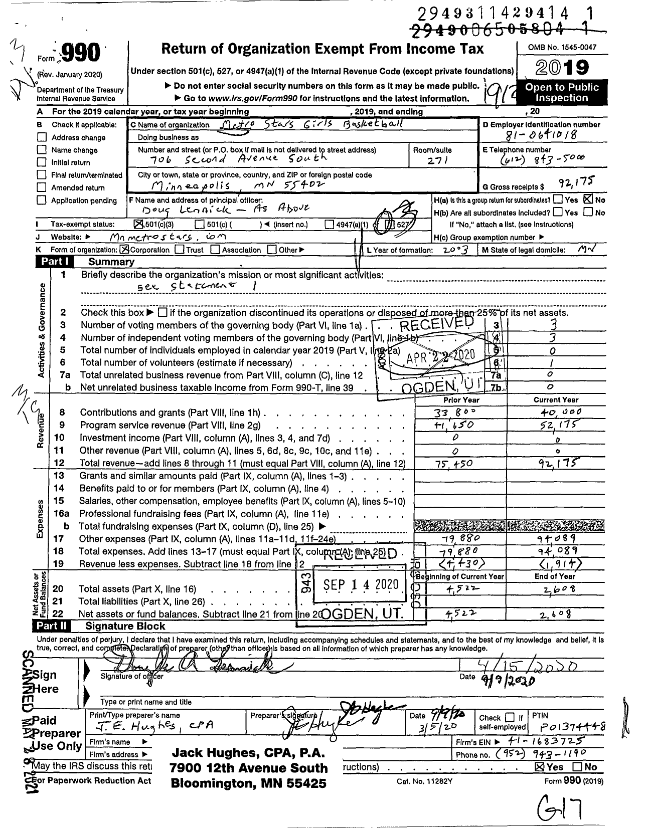 Image of first page of 2019 Form 990 for Metro Stars Girls Basketball