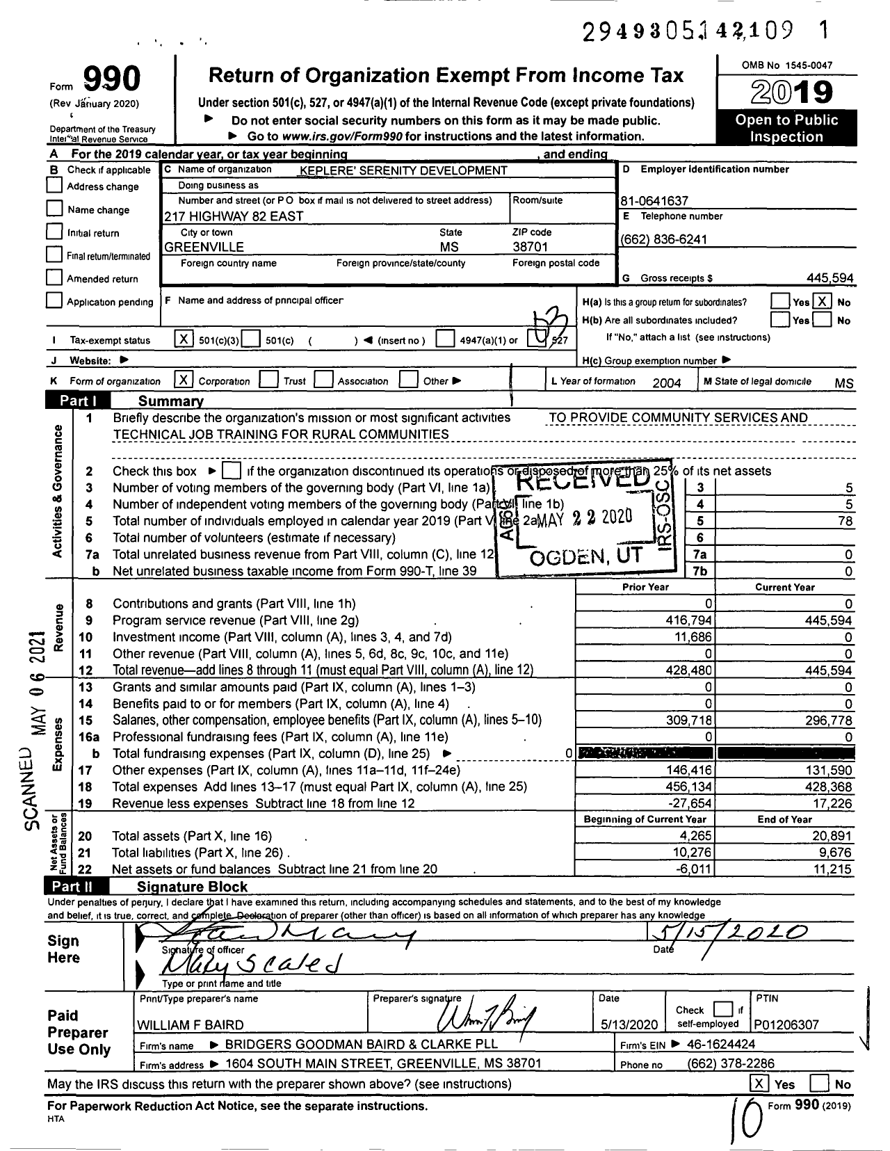 Image of first page of 2019 Form 990 for Keplere Serenity Development