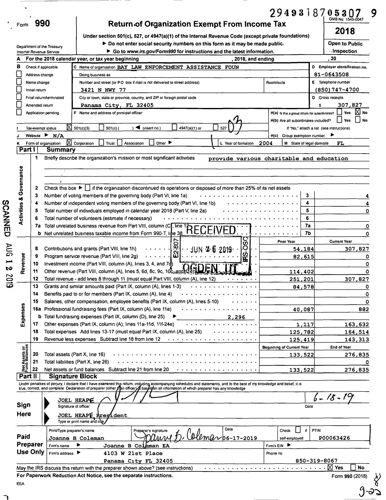 Image of first page of 2018 Form 990 for Bay Law Enforcement Assistance Foundation
