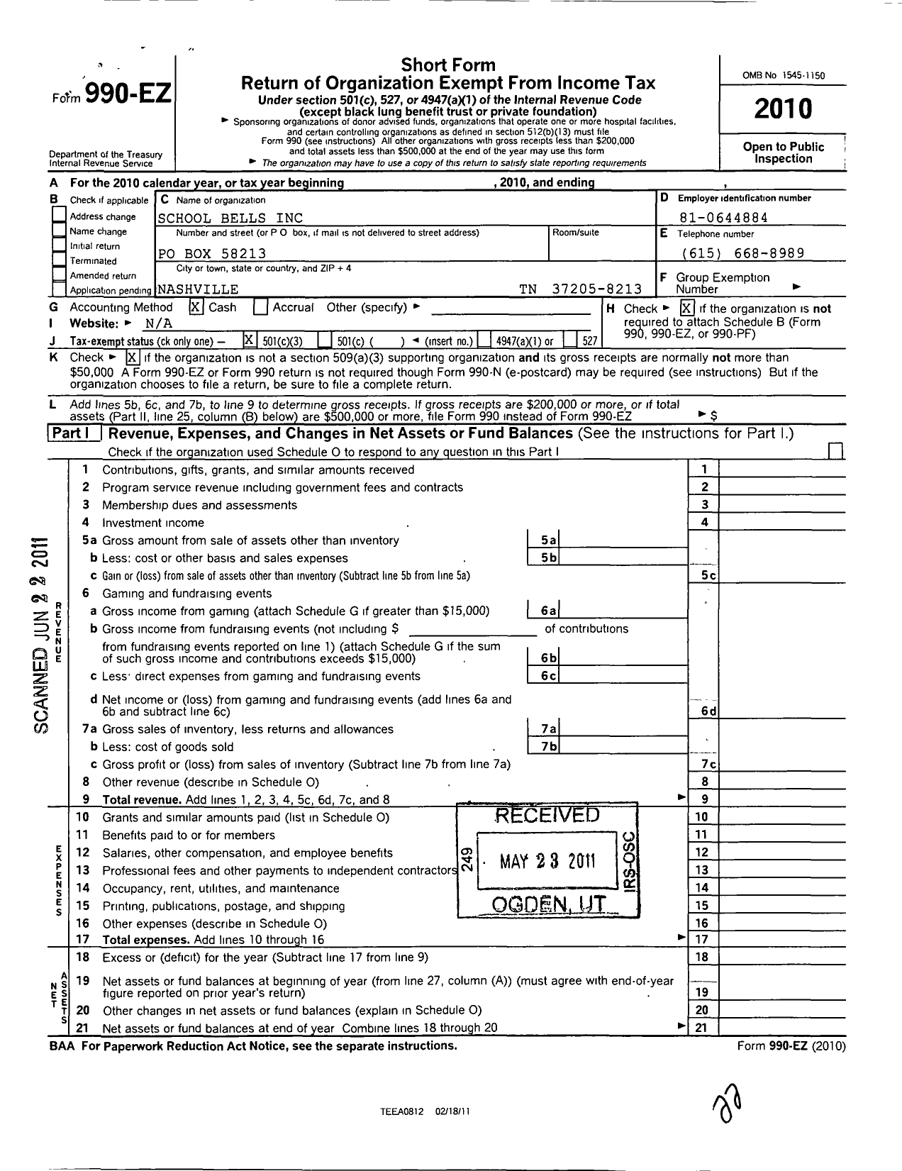 Image of first page of 2010 Form 990EZ for School Bells