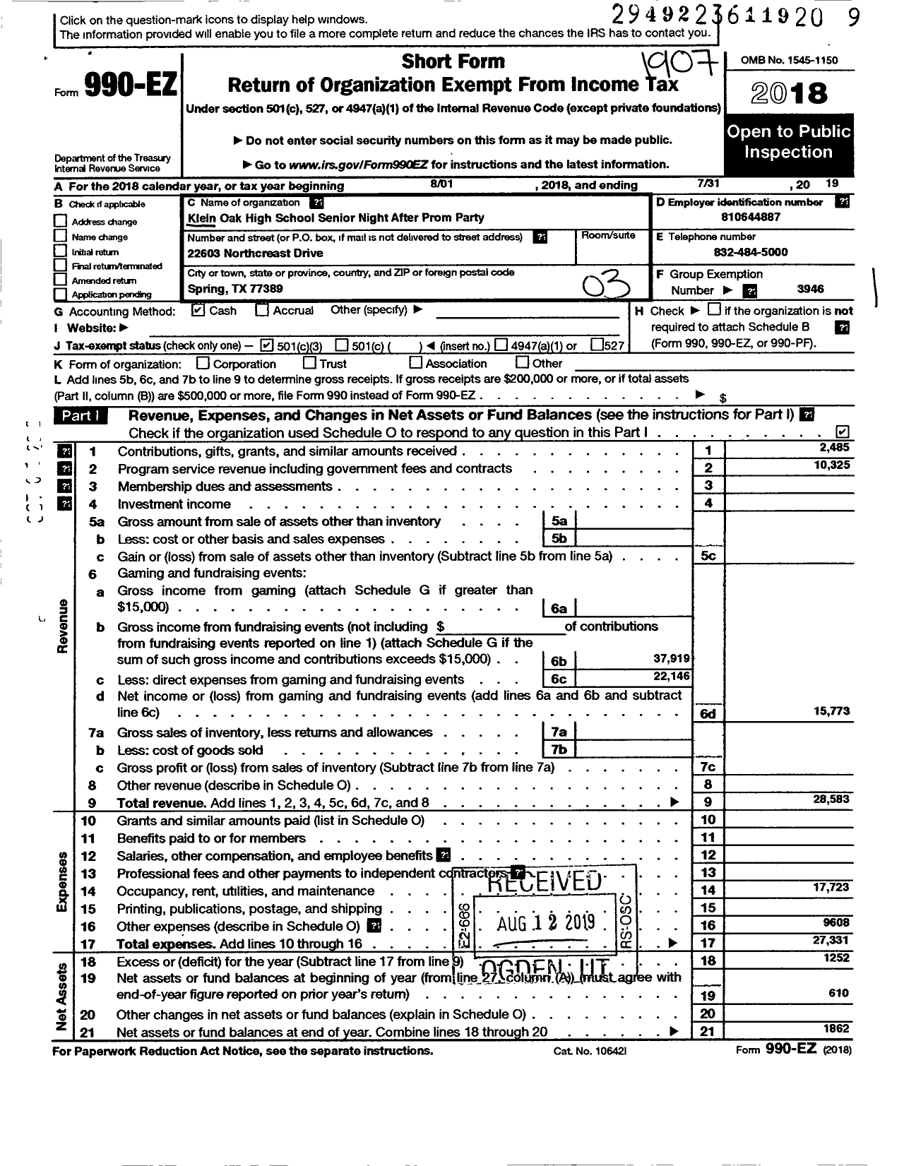 Image of first page of 2018 Form 990EZ for Klein Support Groups / Kohs SR Night Aft PRM Ptybstrclbinc