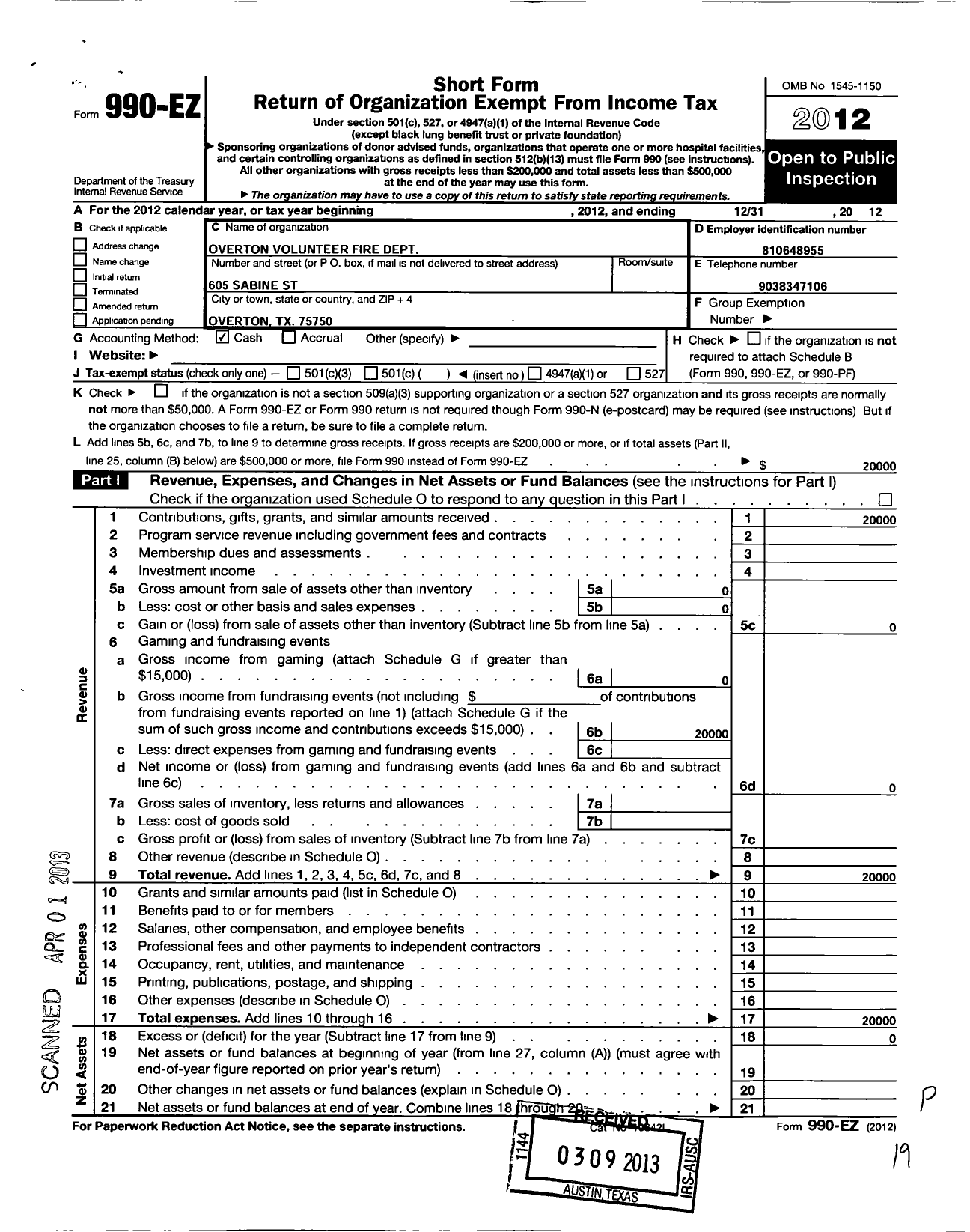 Image of first page of 2012 Form 990EO for Overton Volunteer Fire Department