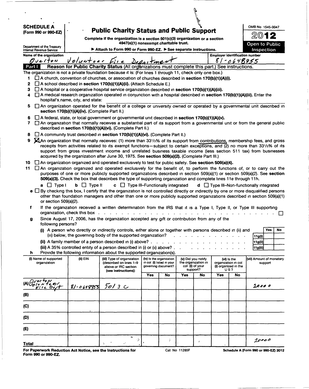 Image of first page of 2012 Form 990ER for Overton Volunteer Fire Department