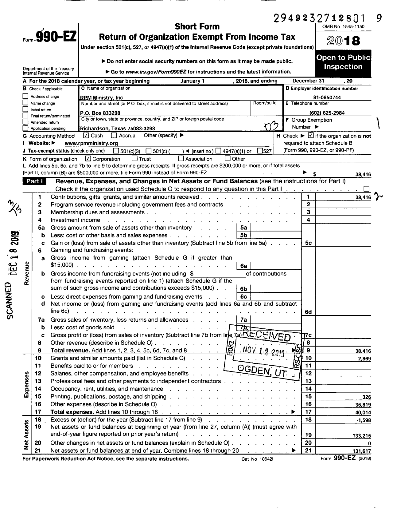 Image of first page of 2018 Form 990EZ for RPM Ministry