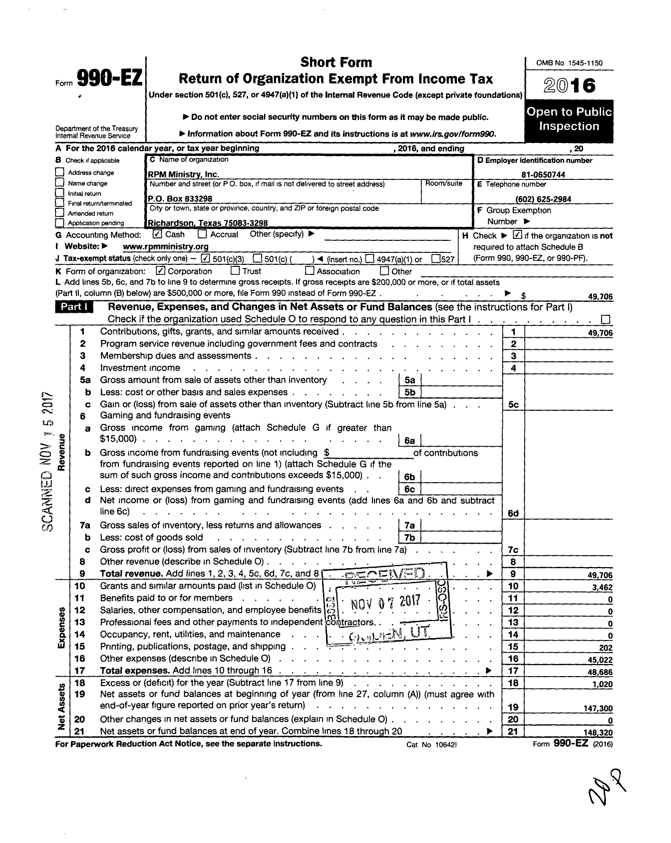 Image of first page of 2016 Form 990EZ for RPM Ministry