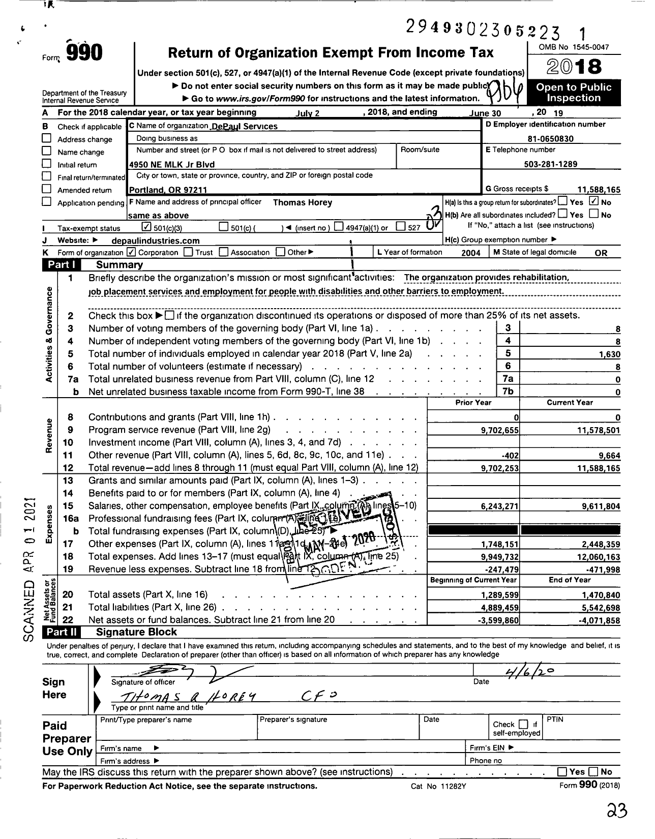 Image of first page of 2018 Form 990 for DePaul Services