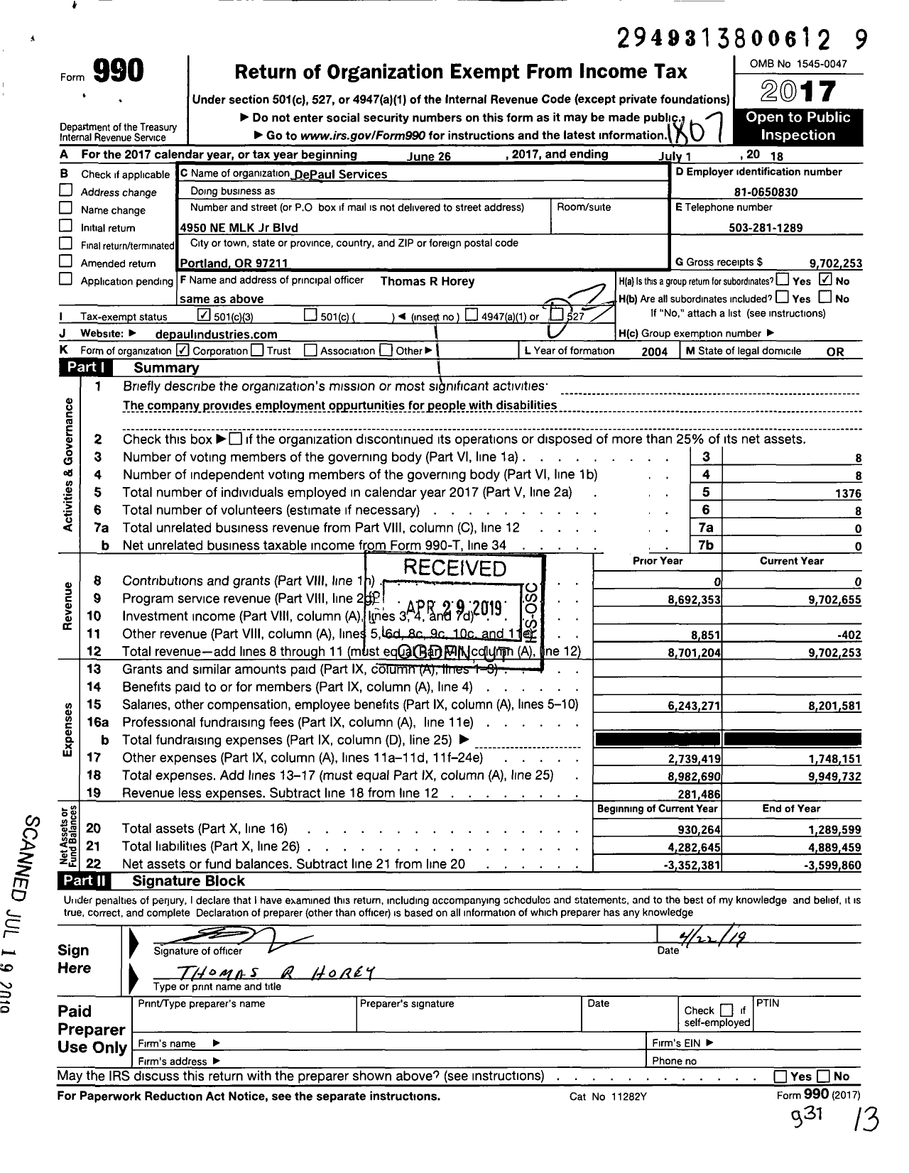 Image of first page of 2017 Form 990 for DePaul Services