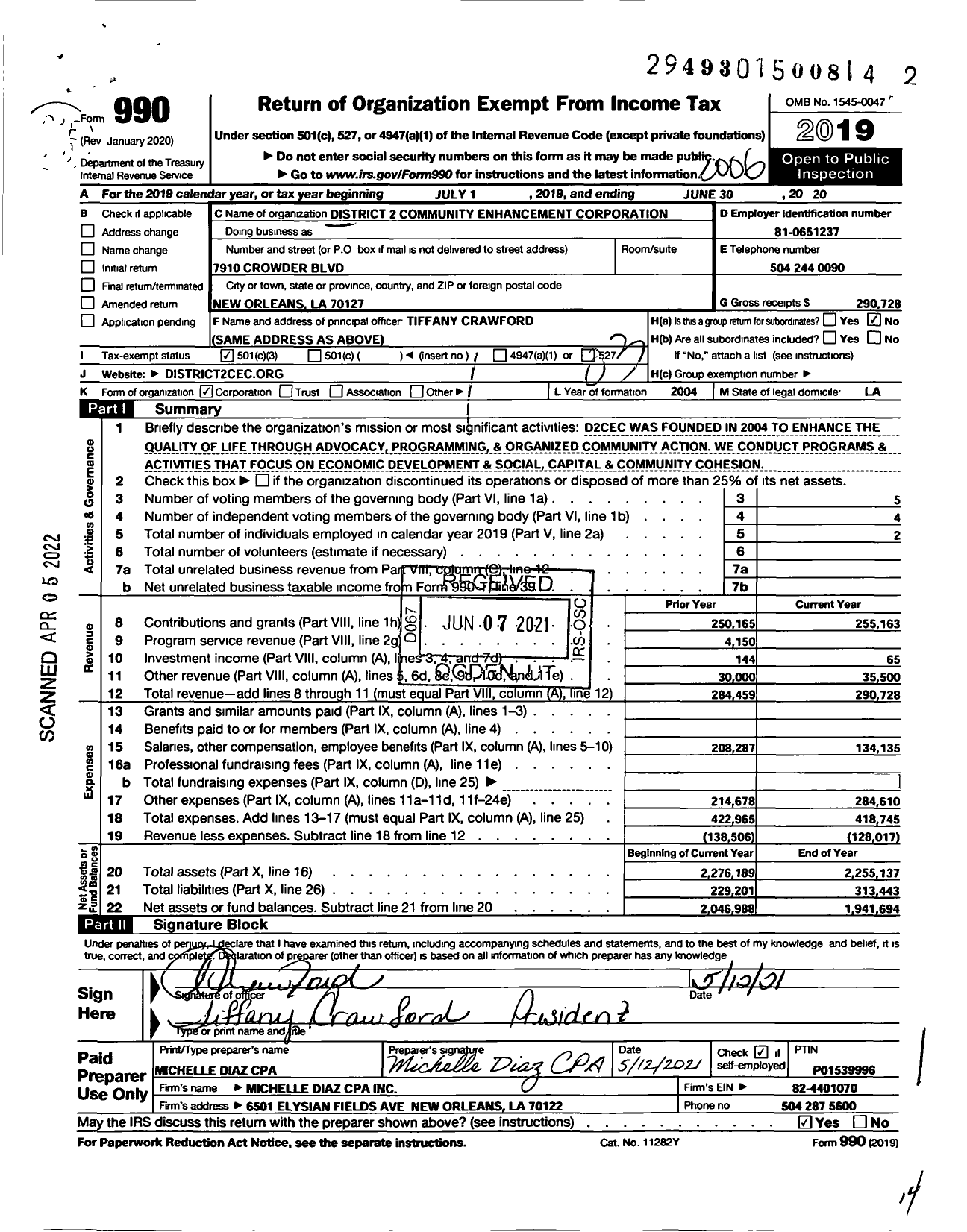 Image of first page of 2019 Form 990 for District 2 Community Enhancement Corporation