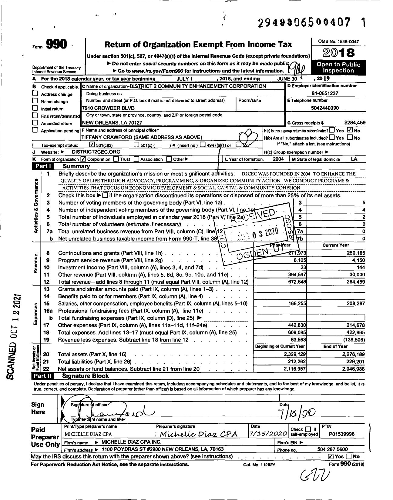 Image of first page of 2018 Form 990 for District 2 Community Enhancement Corporation