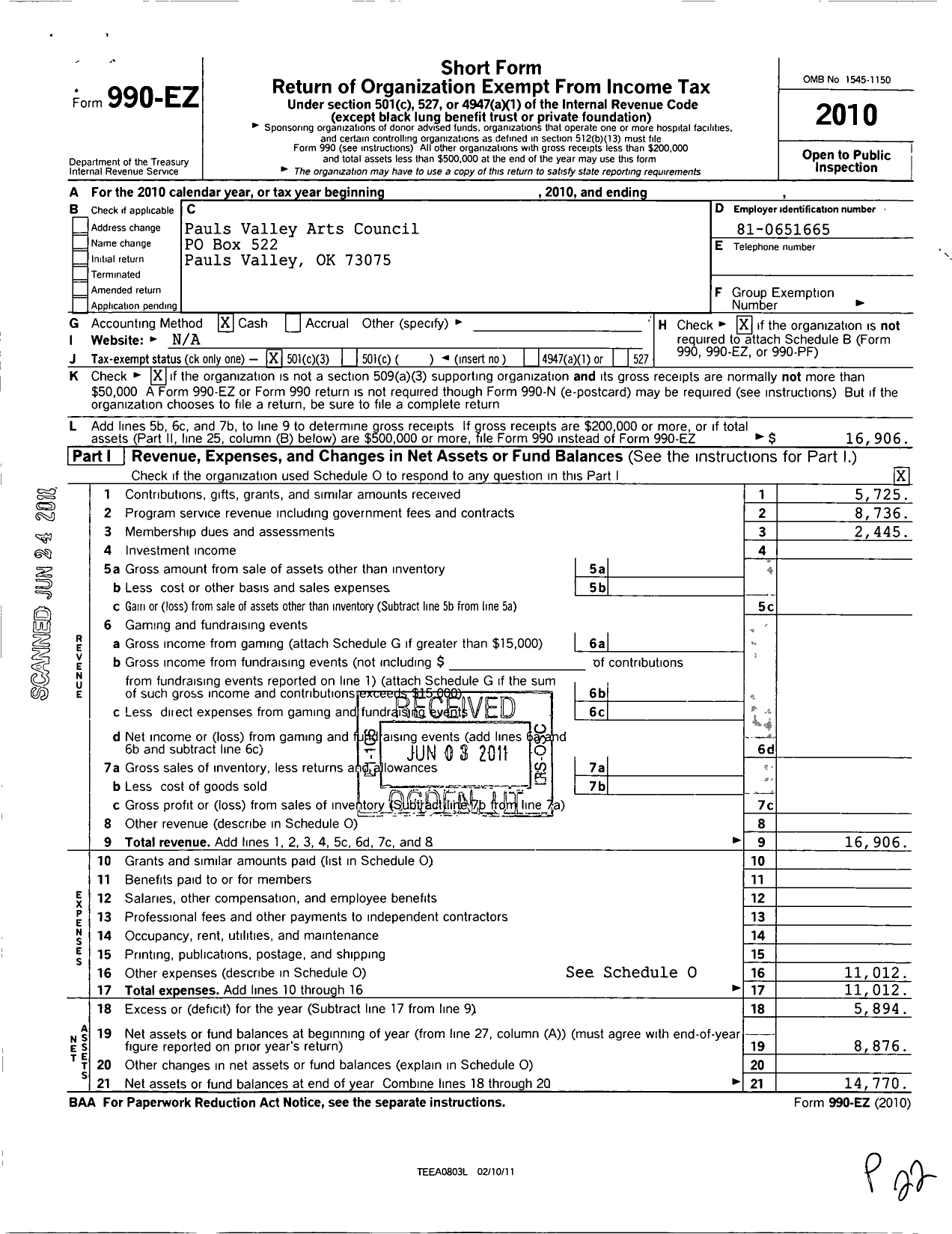 Image of first page of 2010 Form 990EZ for Pauls Valley Arts Council