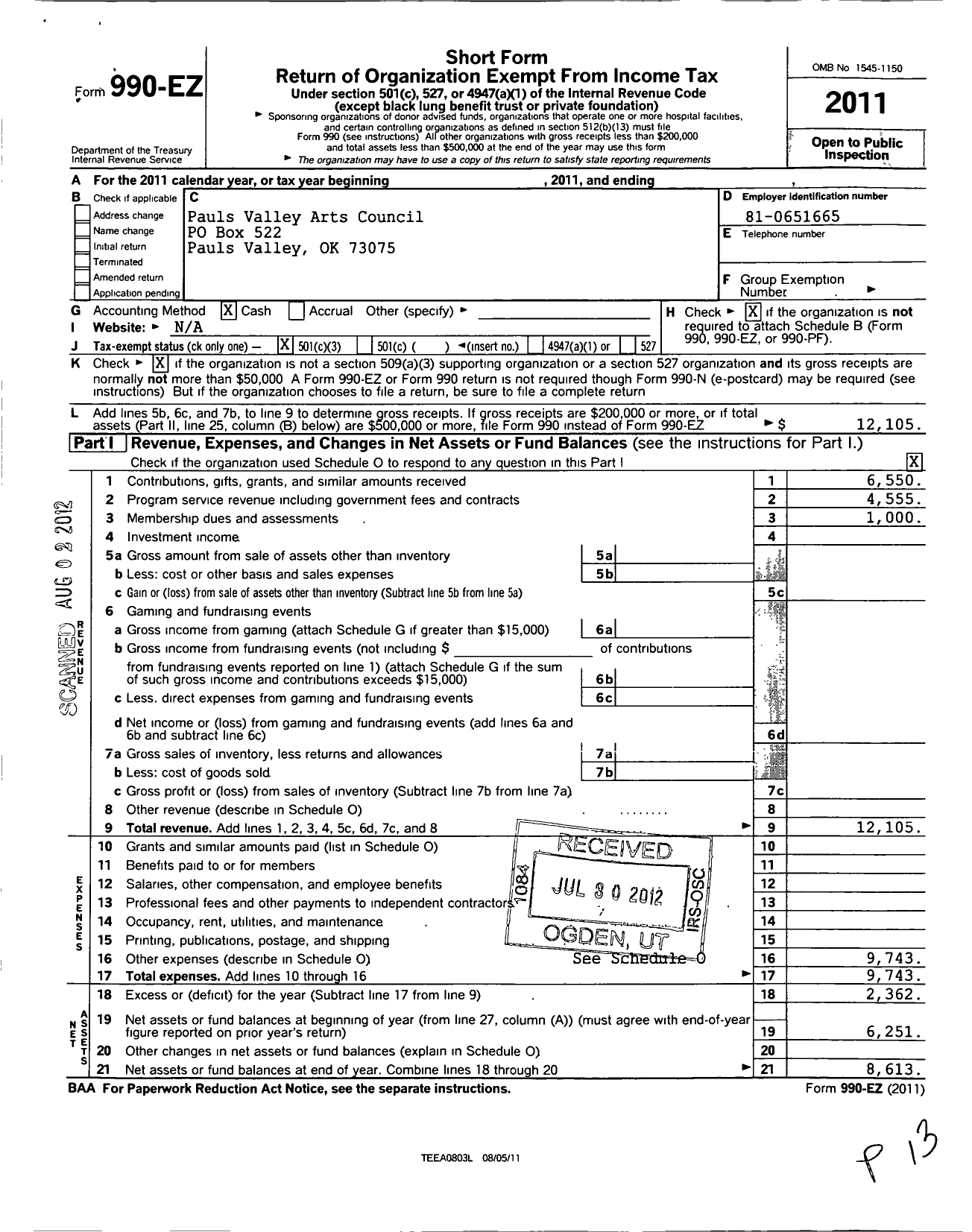 Image of first page of 2011 Form 990EZ for Pauls Valley Arts Council