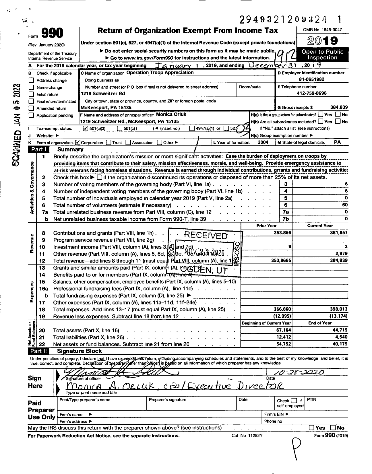 Image of first page of 2019 Form 990 for Operation Troop Appreciation