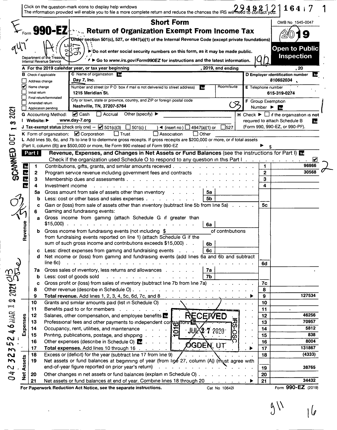 Image of first page of 2019 Form 990EZ for Day 7