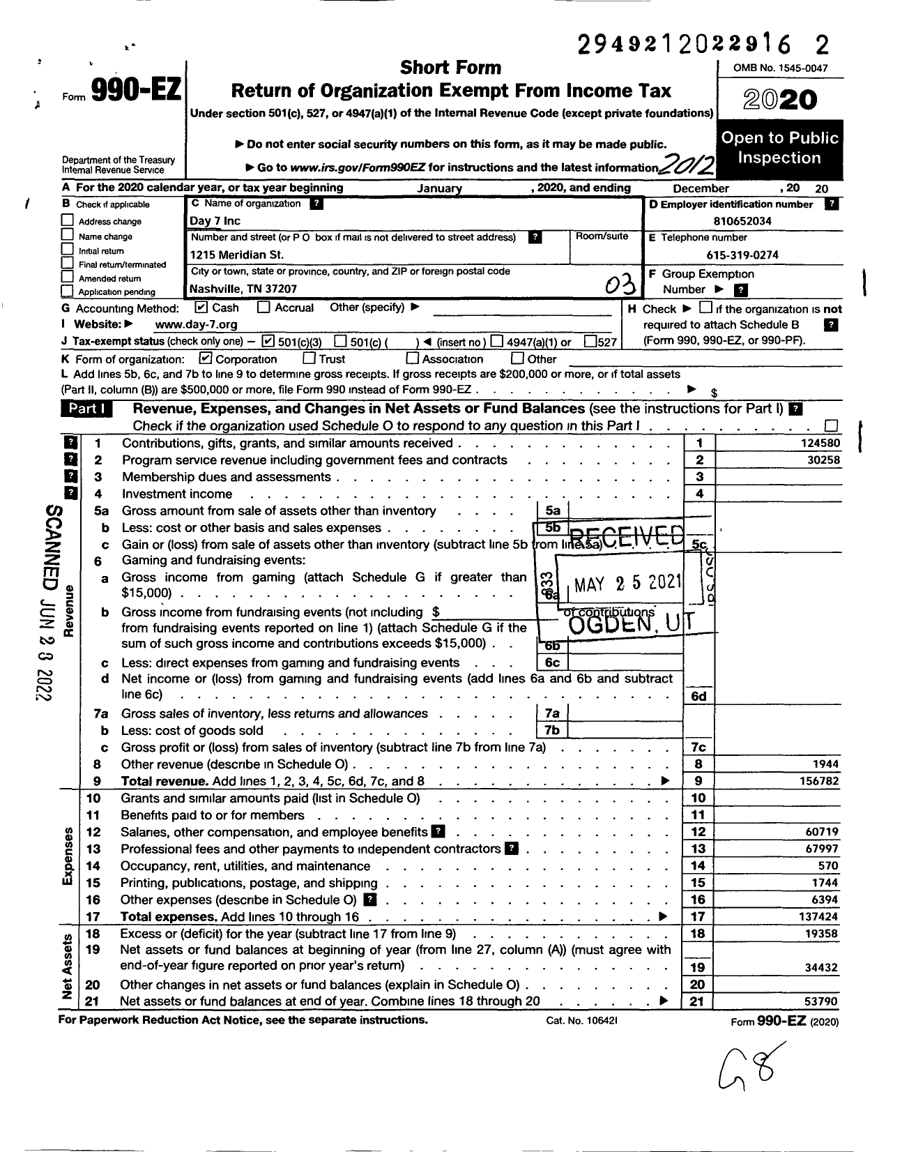 Image of first page of 2020 Form 990EZ for Day 7