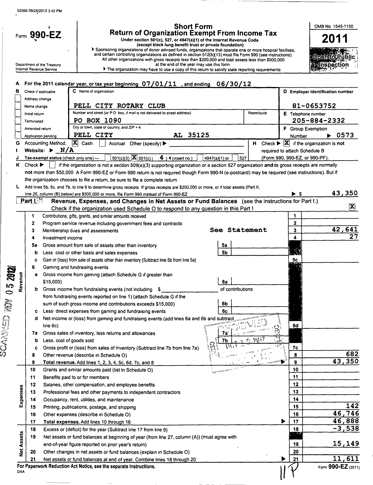 Image of first page of 2011 Form 990EO for Rotary International - Pell City Club