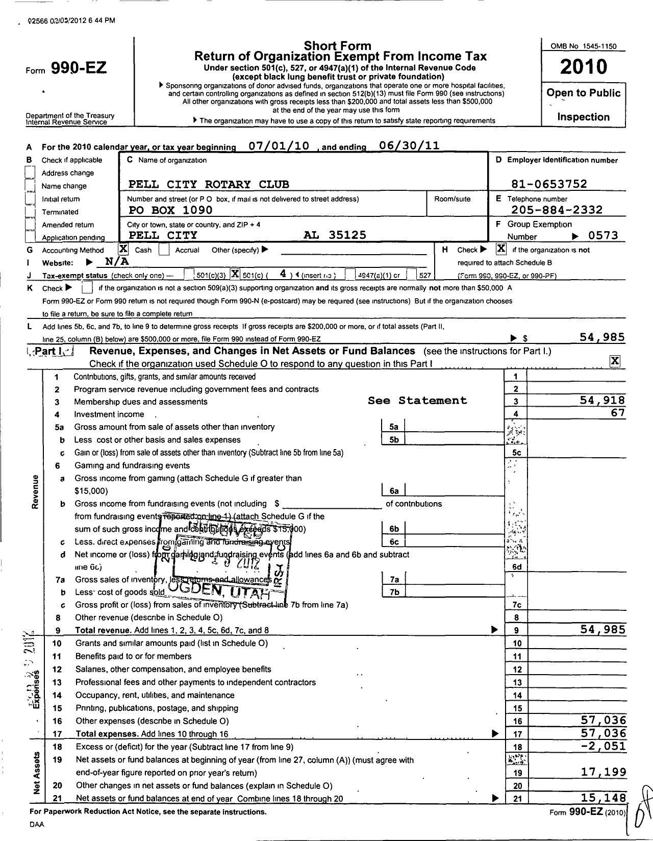 Image of first page of 2010 Form 990EO for Rotary International - Pell City Club