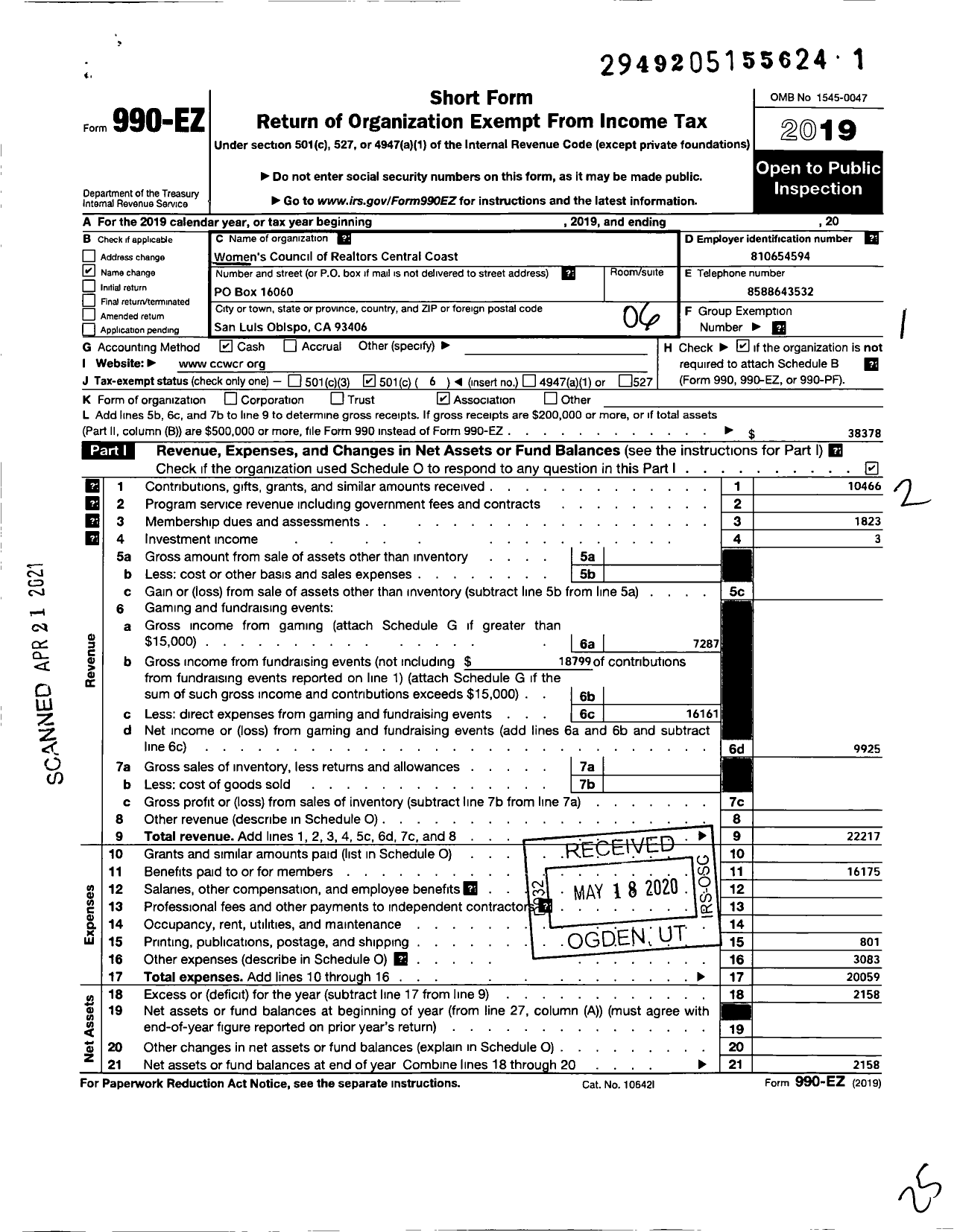 Image of first page of 2019 Form 990EO for California State Chaper Womens Council of Realtors / Central Coast of the Womens