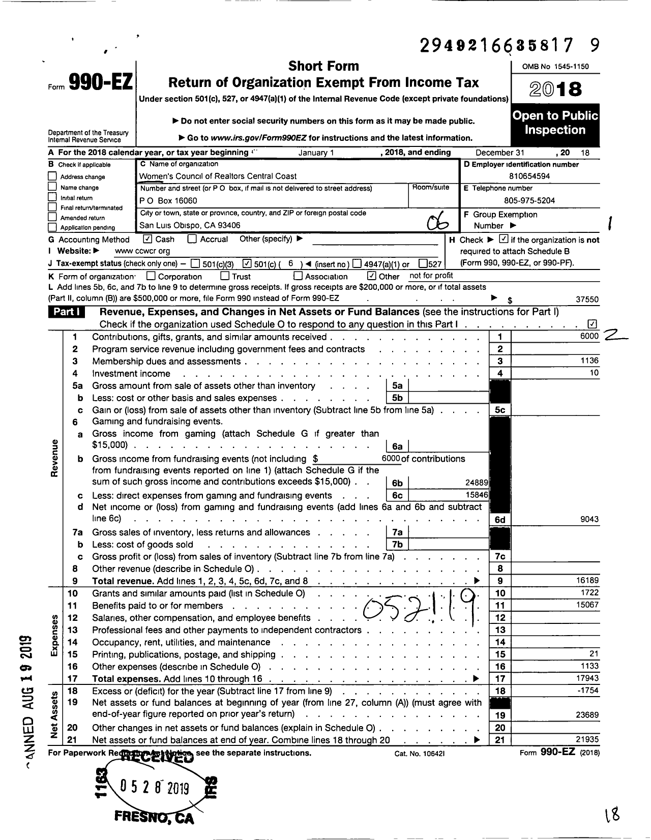 Image of first page of 2018 Form 990EO for California State Chaper Womens Council of Realtors / Central Coast of the Womens