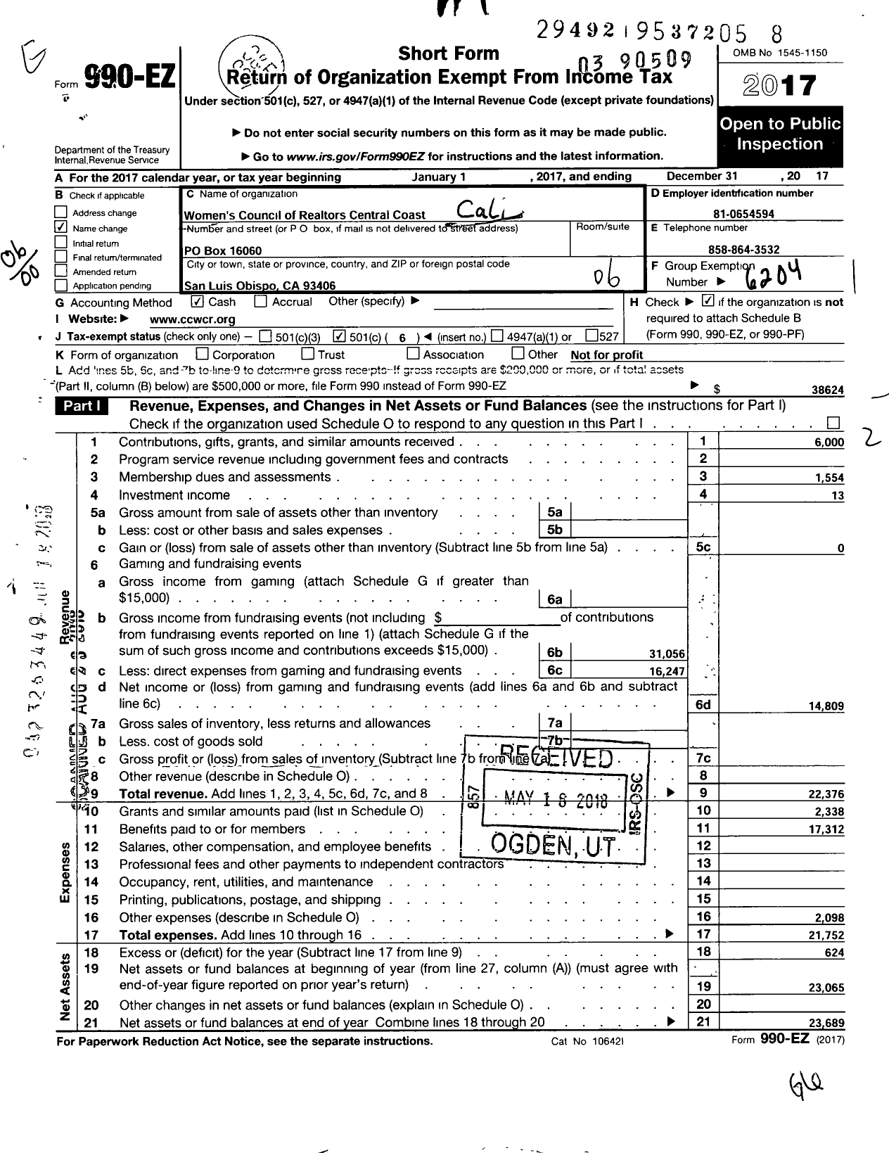 Image of first page of 2017 Form 990EO for California State Chaper Womens Council of Realtors / Central Coast of the Womens