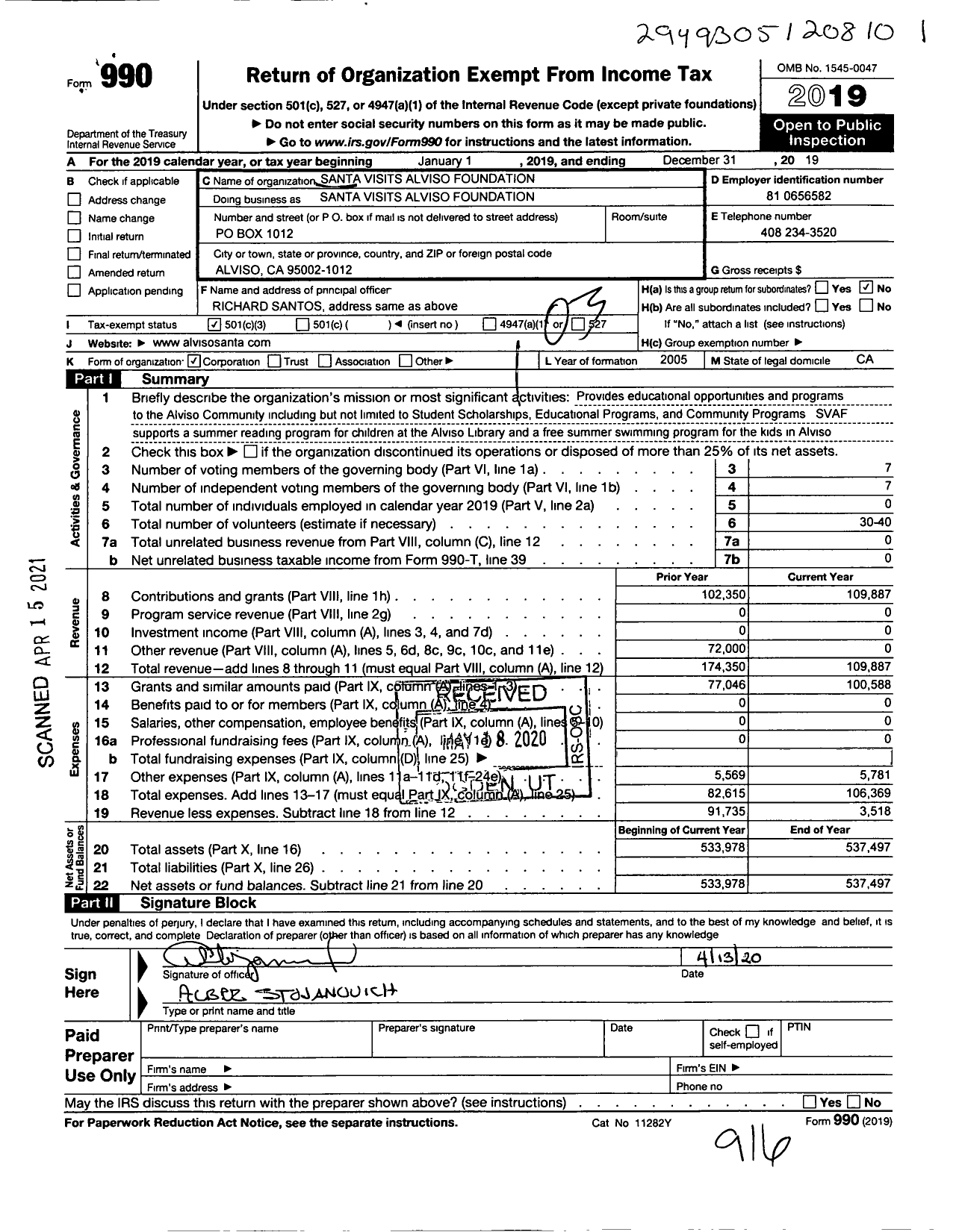 Image of first page of 2019 Form 990 for Santa Visits Alviso Foundation