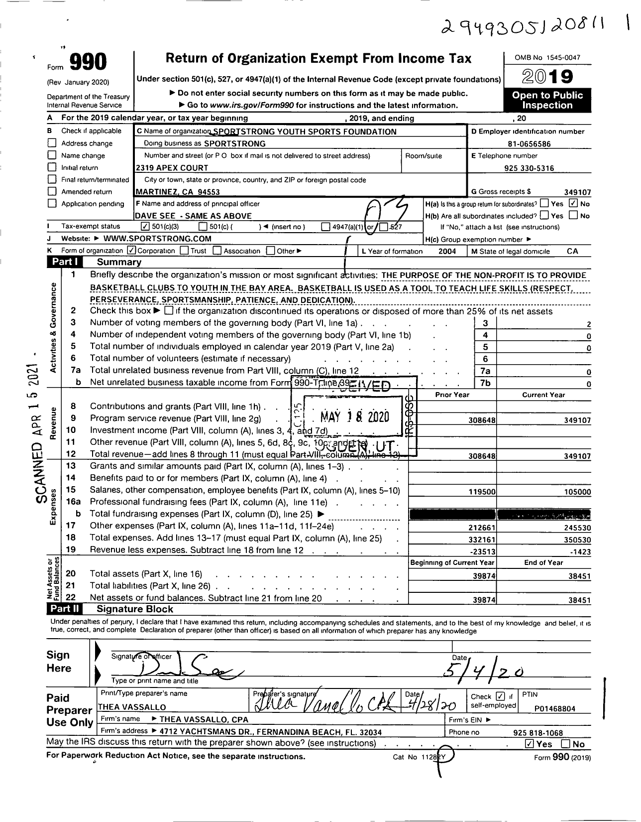 Image of first page of 2019 Form 990 for Sportstrong