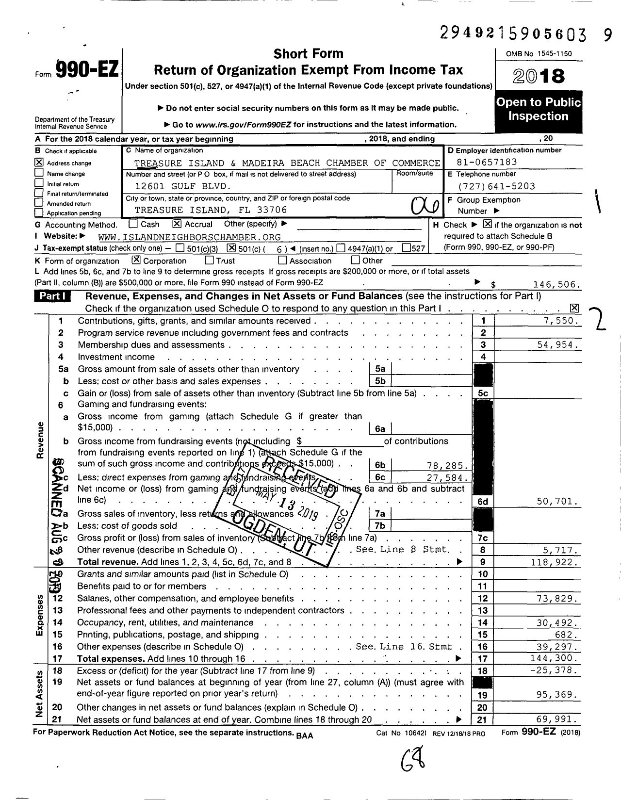 Image of first page of 2018 Form 990EO for Treasure Island and Madeira Beac Chamber of Commerce