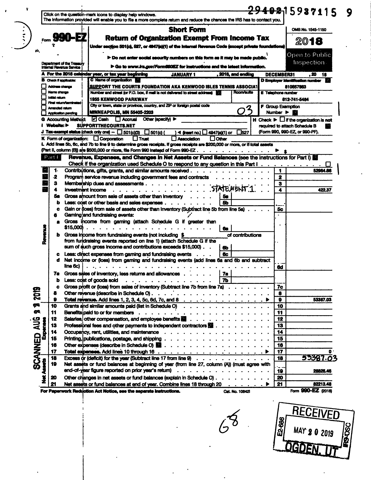 Image of first page of 2018 Form 990EZ for Kenwood Isles Tennis Association