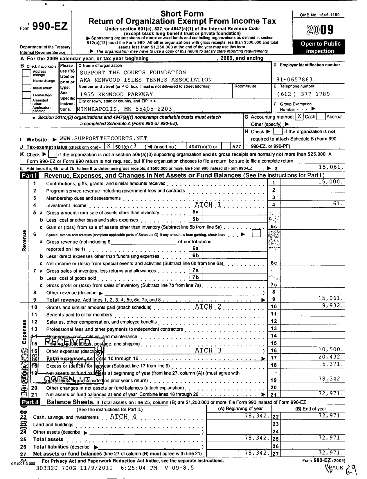 Image of first page of 2009 Form 990EZ for Kenwood Isles Tennis Association