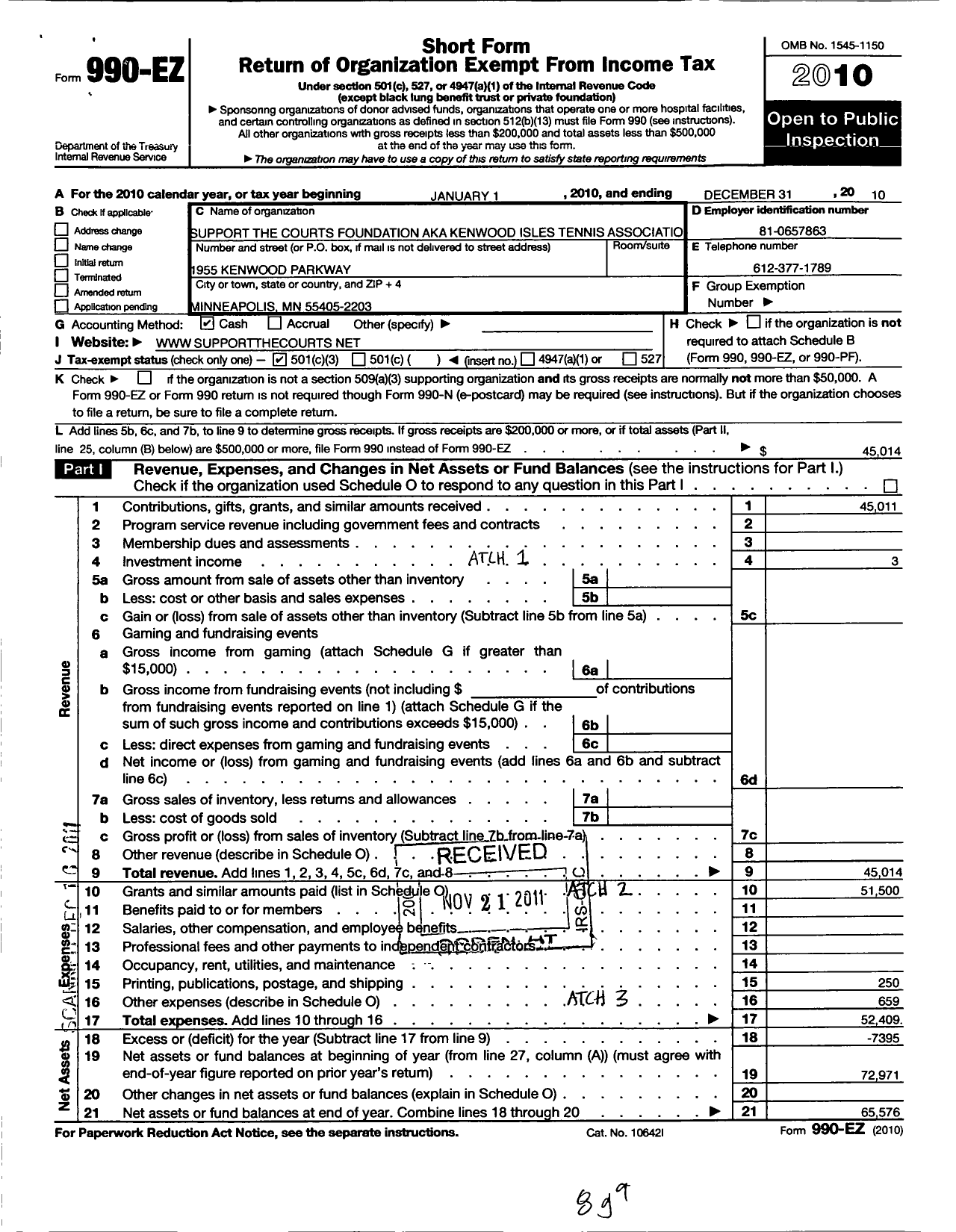 Image of first page of 2010 Form 990EZ for Kenwood Isles Tennis Association