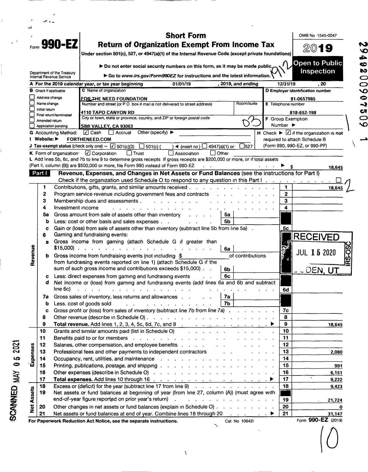 Image of first page of 2019 Form 990EZ for For the Need Foundation