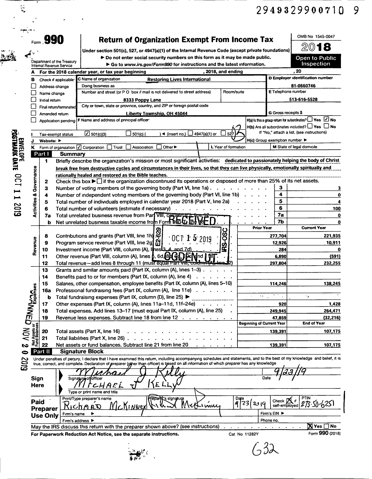 Image of first page of 2018 Form 990 for Restoring Lives International