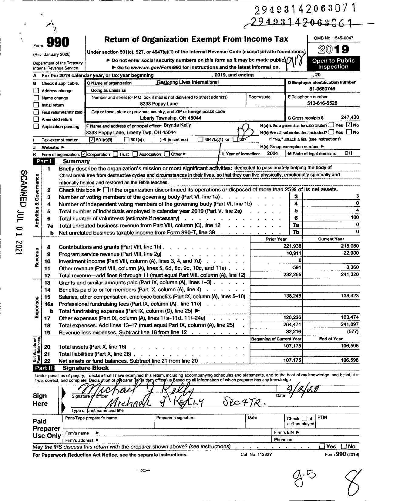 Image of first page of 2019 Form 990 for Restoring Lives International