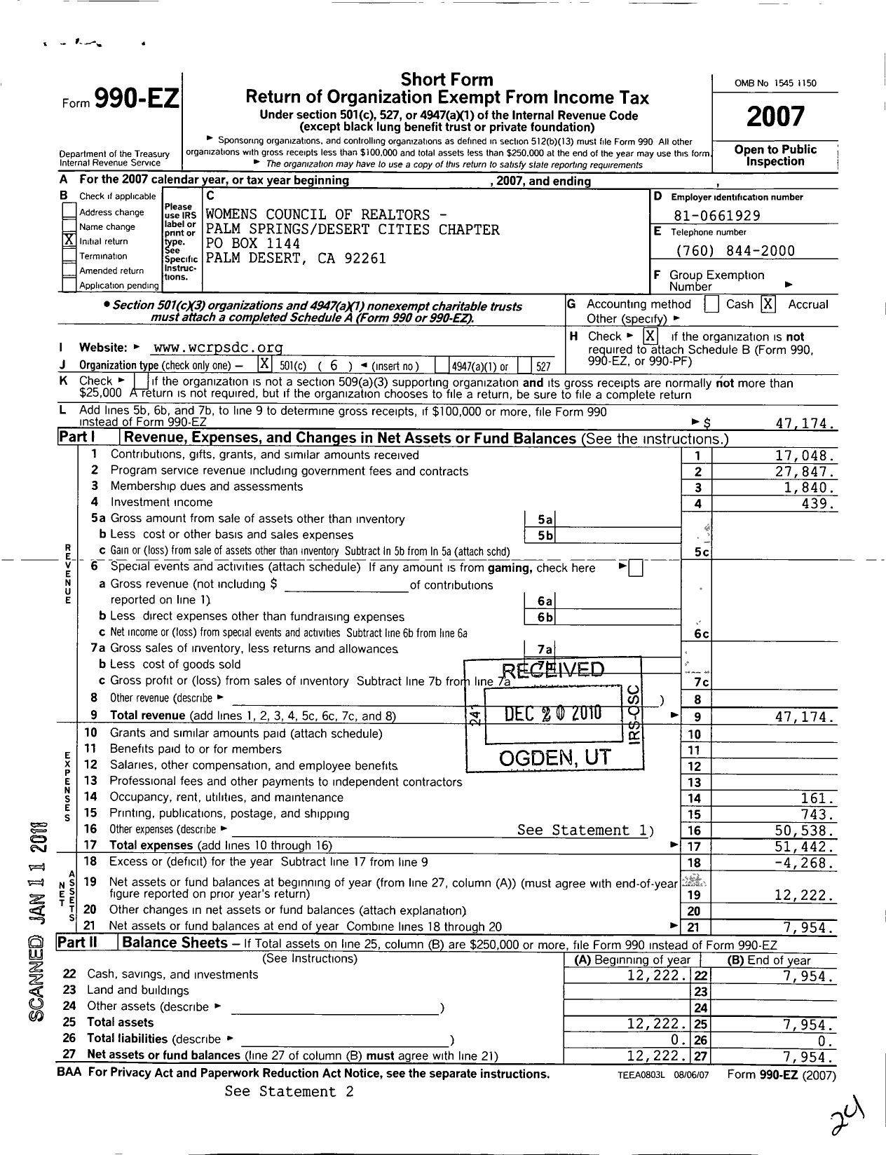 Image of first page of 2007 Form 990EO for California State Chapter Womens Council of Realtors / Palm Springs Desert Cities