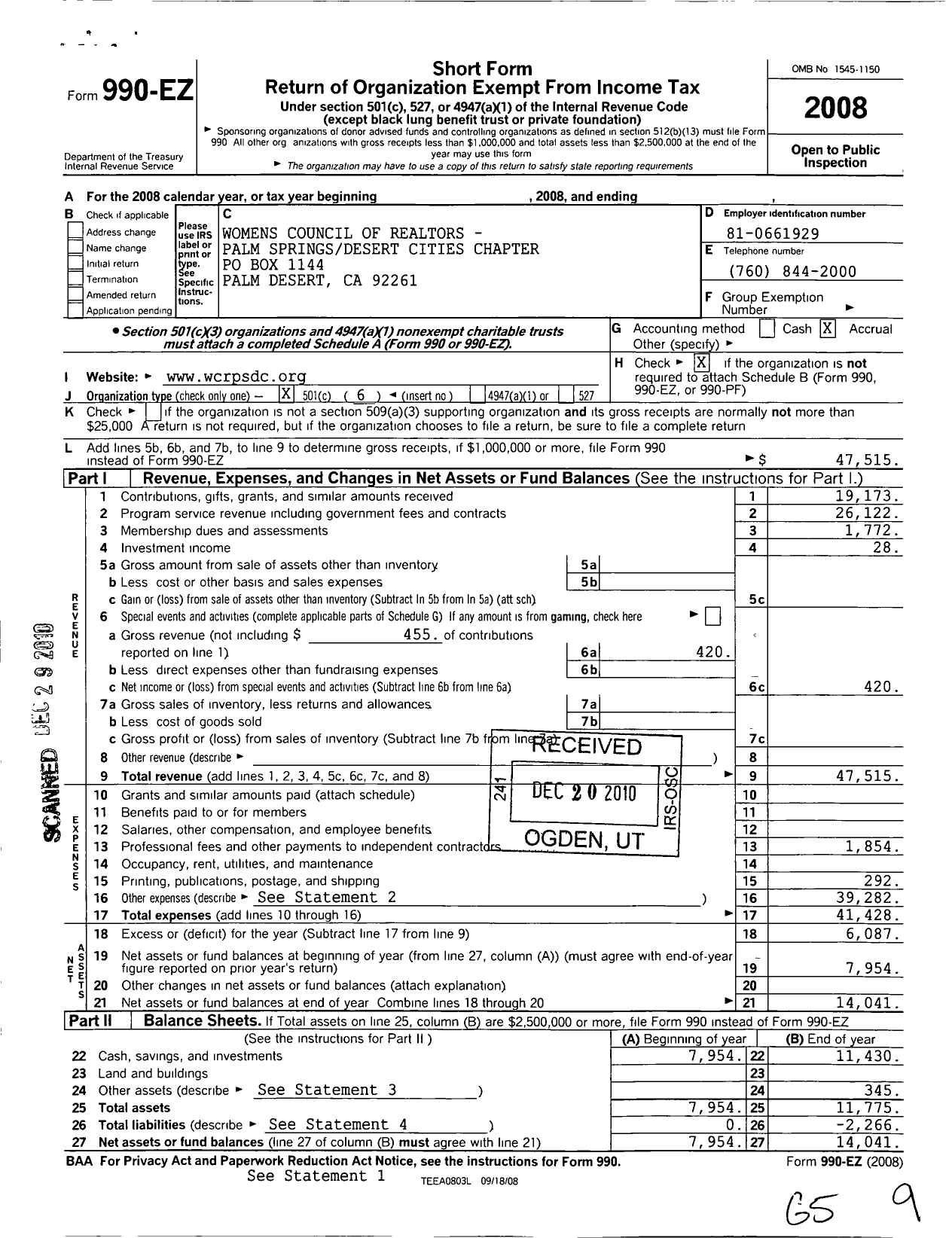 Image of first page of 2008 Form 990EO for California State Chapter Womens Council of Realtors / Palm Springs Desert Cities