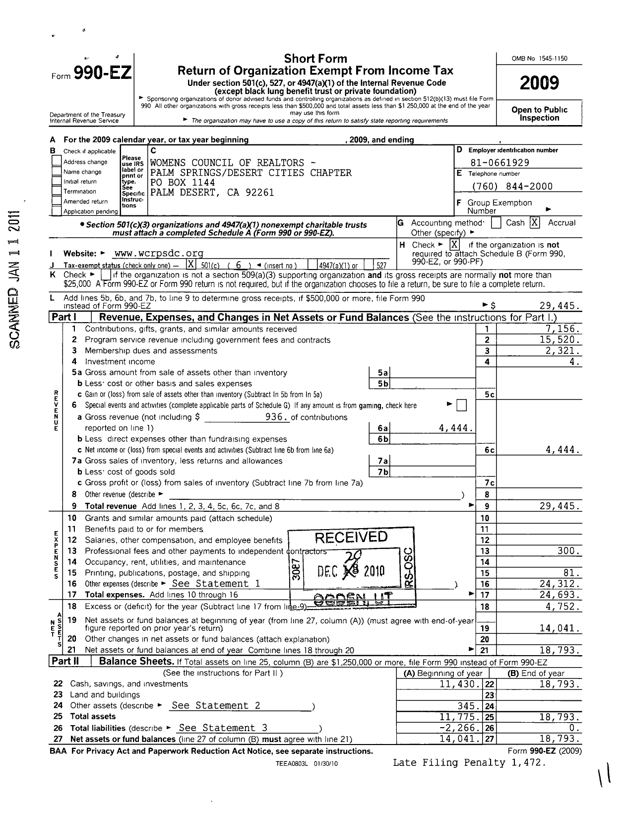 Image of first page of 2009 Form 990EO for California State Chapter Womens Council of Realtors / Palm Springs Desert Cities