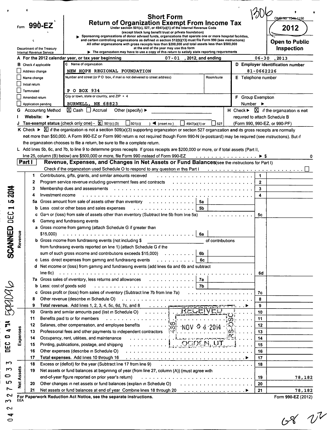 Image of first page of 2012 Form 990EZ for New Hope Regional Foundation