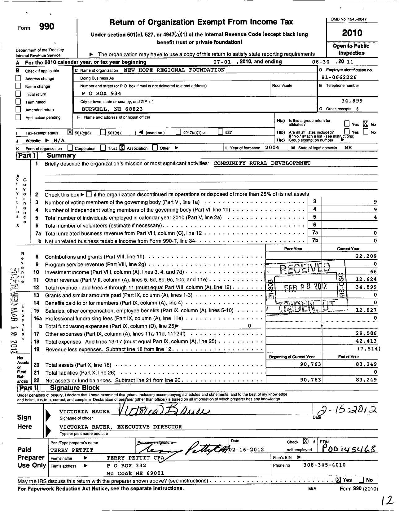 Image of first page of 2010 Form 990 for New Hope Regional Foundation