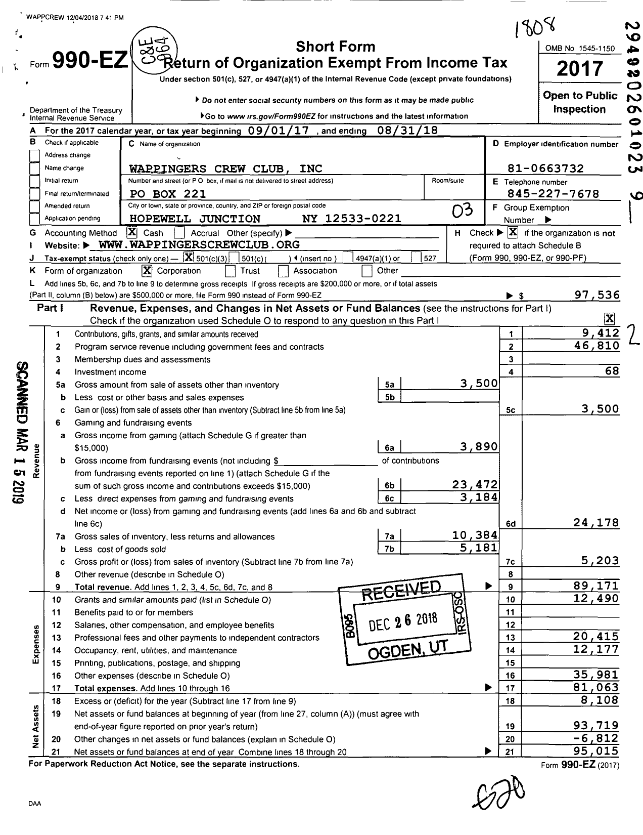 Image of first page of 2017 Form 990EZ for Wappingers Crew Club