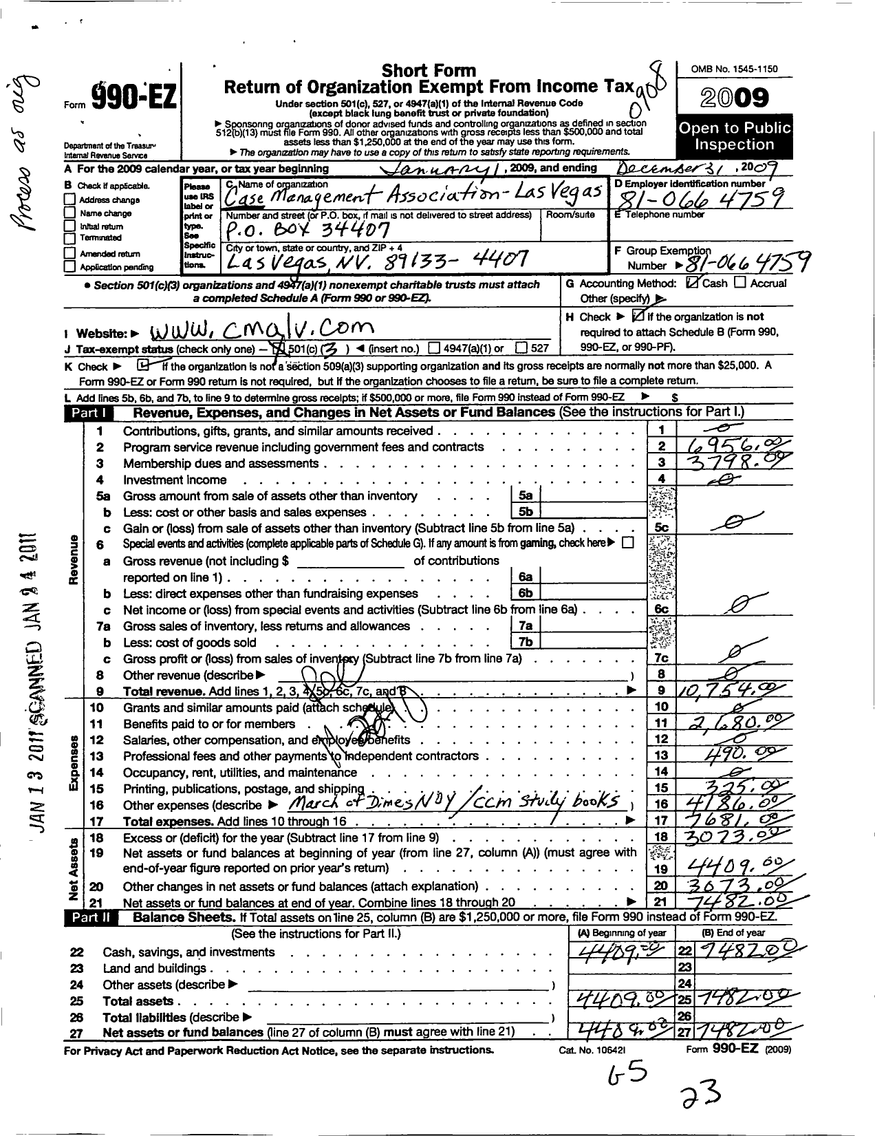 Image of first page of 2009 Form 990EZ for Case Management Society of America / Cma of Las Vegas