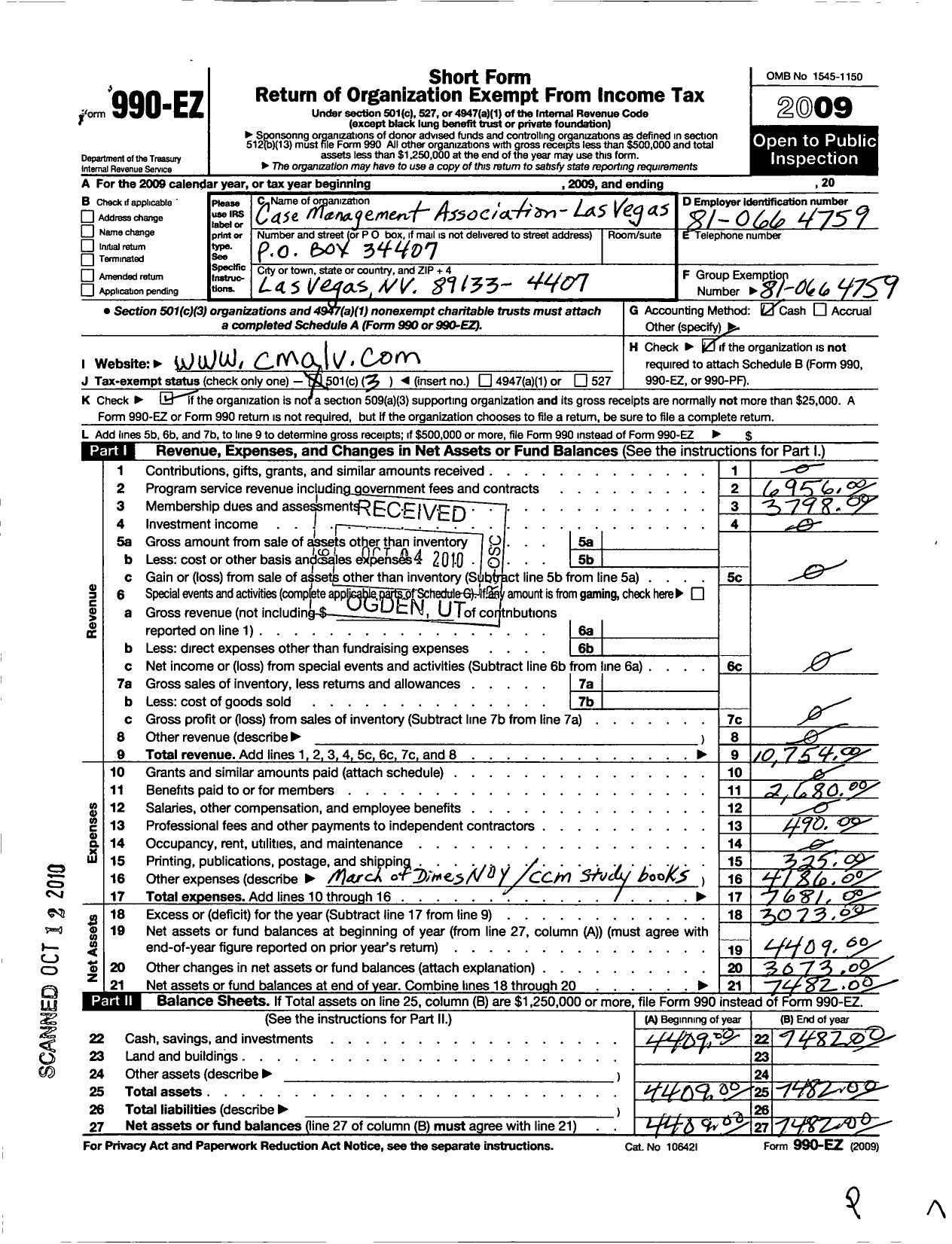 Image of first page of 2009 Form 990EZ for Case Management Society of America / Cma of Las Vegas