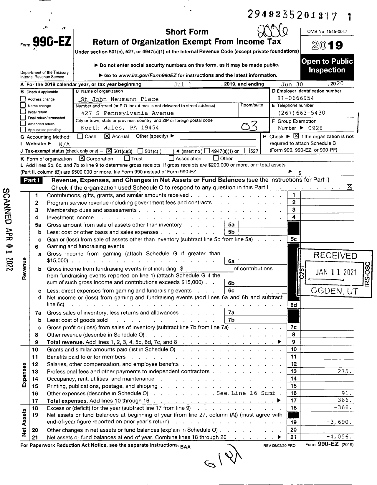 Image of first page of 2019 Form 990EZ for St John Neumann Place