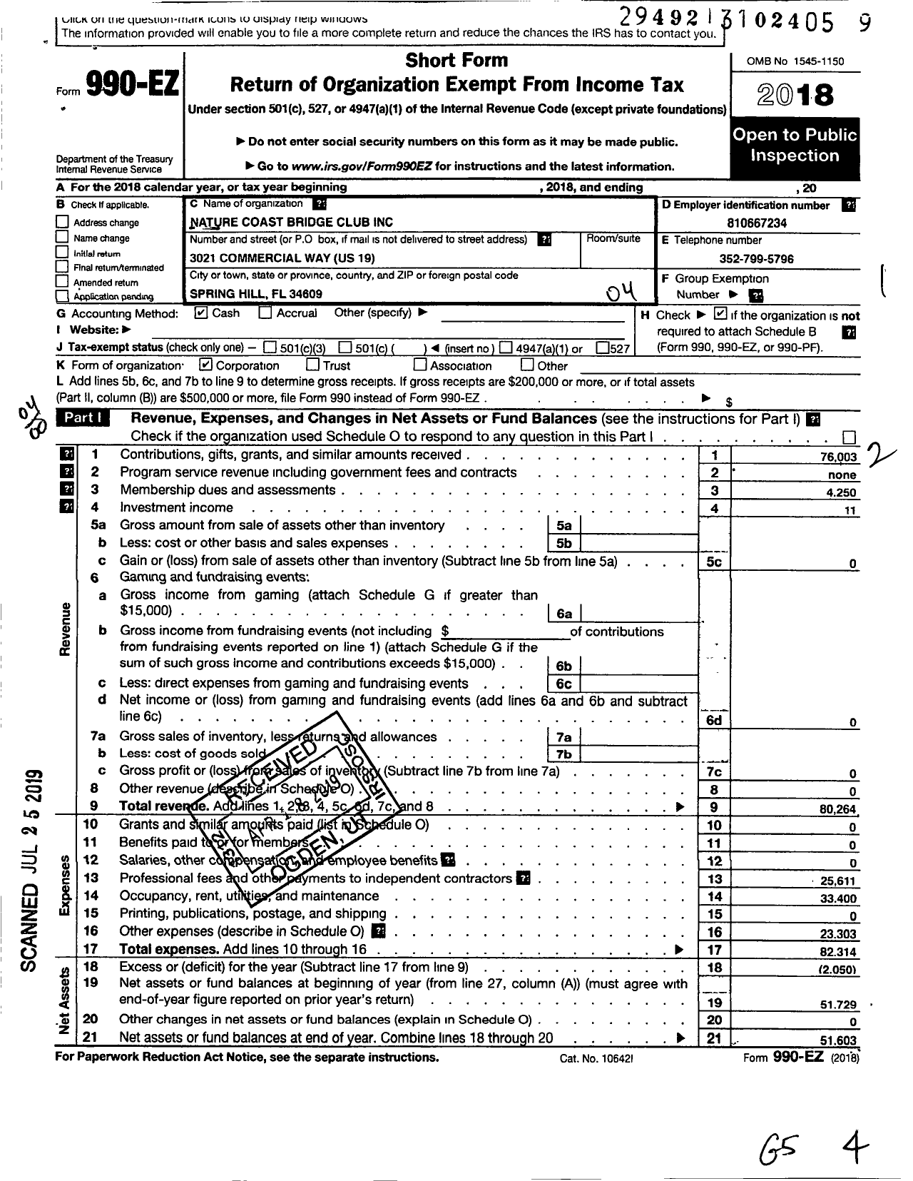 Image of first page of 2018 Form 990EO for Nature Coast Bridge Club