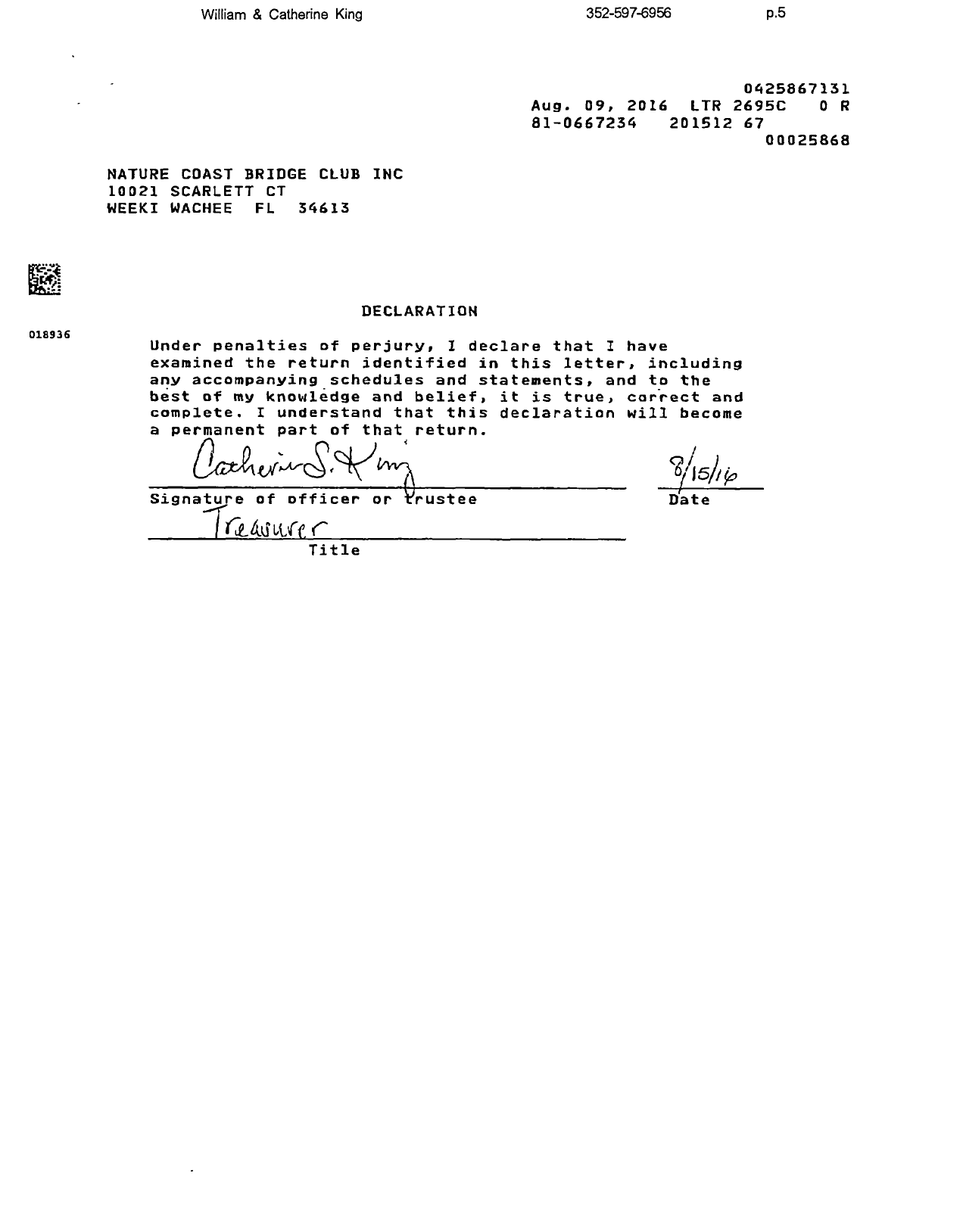 Image of first page of 2015 Form 990ER for Nature Coast Bridge Club