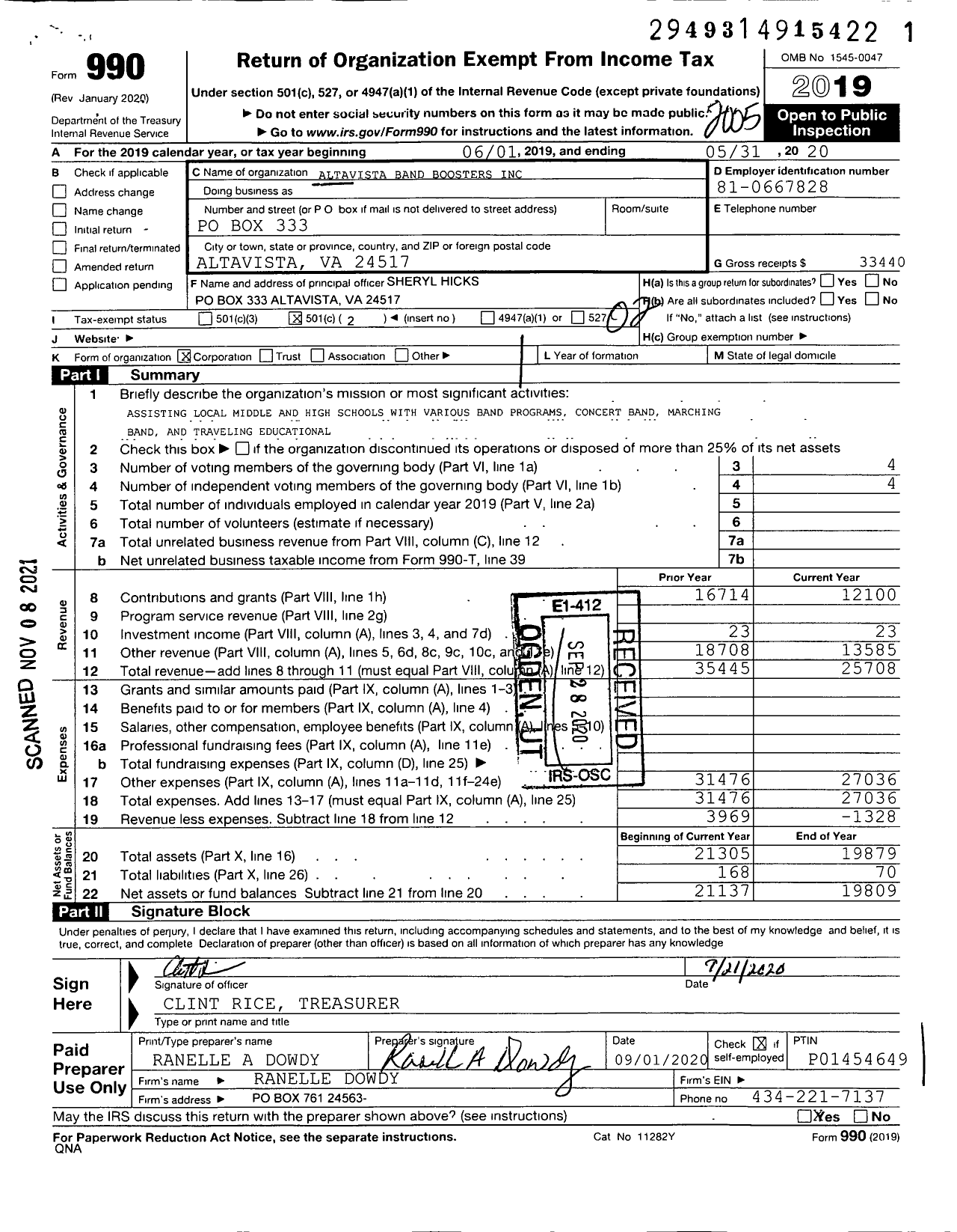 Image of first page of 2019 Form 990O for Altavista Band Boosters