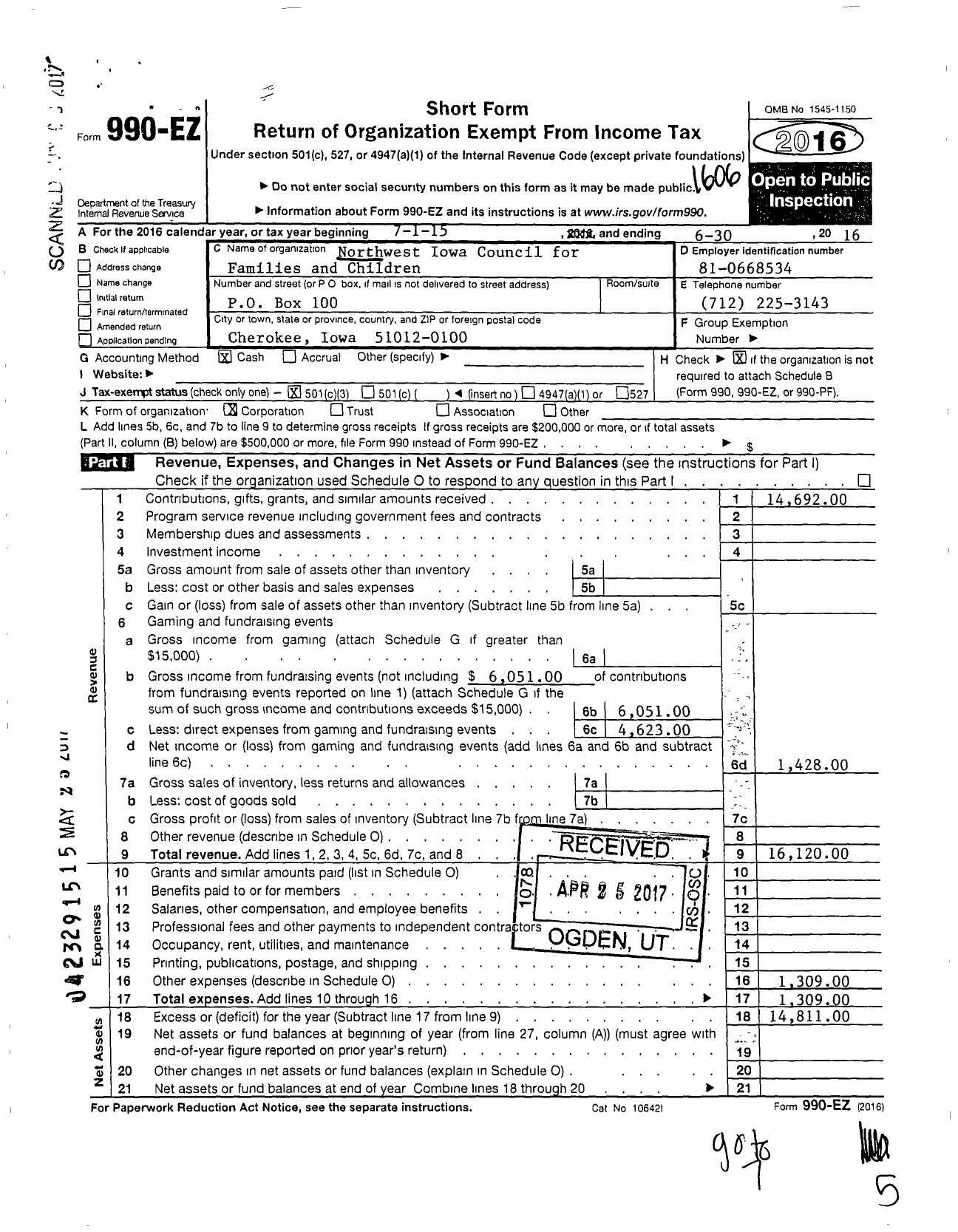 Image of first page of 2015 Form 990EZ for Northwest Iowa Council for Families and Children