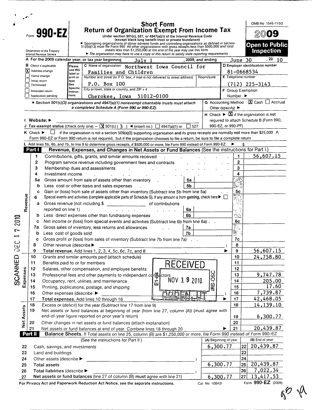 Image of first page of 2009 Form 990EZ for Northwest Iowa Council for Families and Children